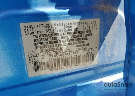 2021 Nissan Sentra Sv z USA, uszkodzony, nr VIN 3N1AB8CV2MY243831